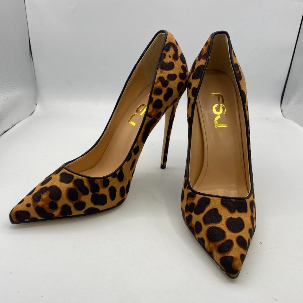 FSJ Leopard Suede Printed Pointy Toe High Heels Pumps Dress Shoes_3